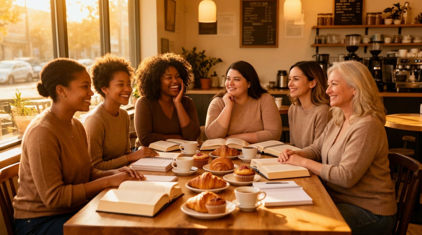 A diverse group of women laughing together in a warm coffee shop book club